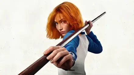 One Piece 4K Ultra HD PC desktop wallpaper and background: red-haired woman in blue-and-white shirt lunging with a long staff toward the viewer on a white backdrop.