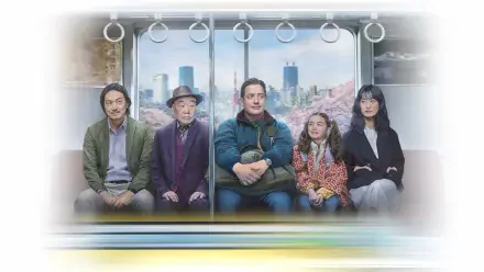 Rental Family — 4K Ultra HD PC desktop wallpaper: five people (two men, an elderly man, a young girl, a woman) sit in a subway car with a city skyline visible through the windows.