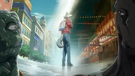 Beastars HD PC desktop wallpaper/background: Legoshi stands in a sunbeam on a rain-slick market street, shadowed faces framing the scene.