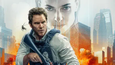 Mercy (2026) 4K Ultra HD PC desktop wallpaper and background, an armed tactical agent with rifle amid fiery city explosions, helicopter overhead, and a ghostly woman's face looming above skyscrapers.