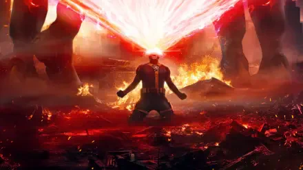 Avengers: Doomsday — 4K Ultra HD PC desktop wallpaper and background: a lone armored Avenger kneels in scorched ruins as a fiery red beam erupts from his head into the burning sky.