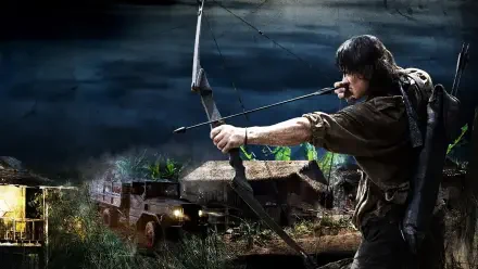 Rambo 4 4K Ultra HD PC desktop wallpaper: rugged soldier in a jungle at night, drawing a bow and aiming at armored trucks beneath a stormy sky.