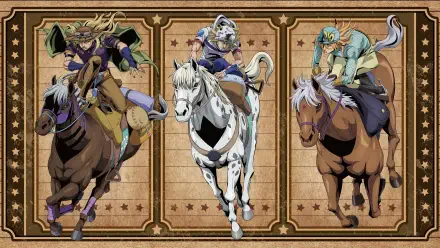 Stylized 5K Ultra HD PC desktop wallpaper of JoJo's Bizarre Adventure: Steel Ball Run — three riders in dynamic gallop panels, vintage western poster styling with bold colors and ornate borders.