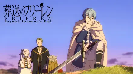 4K Ultra HD PC desktop wallpaper of Frieren: Beyond Journey's End — Himmel (Frieren: Beyond Journey's End) with elf companions on a grassy hill at sunset, anime fantasy scene