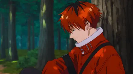 4K Ultra HD PC desktop wallpaper of Stark from Frieren: Beyond Journey's End — a red-haired anime warrior seated against a tree in a quiet forest.