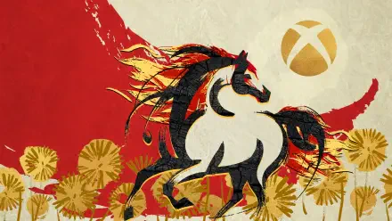 Bold red and gold Lunar New Year desktop wallpaper: stylized rearing horse with flowing mane, gold floral accents and a gold Xbox logo — 2K Quad HD PC desktop background.
