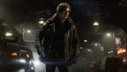 4K Ultra HD PC desktop wallpaper of Leon S. Kennedy from the video game Resident Evil Requiem: standing in a rain-slick urban street, leather jacket, tense and ready.