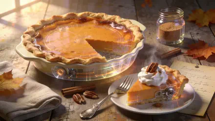 4K Ultra HD PC desktop wallpaper background: warm autumn still life of a glossy sweet potato pie, a plated slice with whipped cream and pecans, cinnamon sticks and a jar of brown sugar.