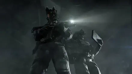 Resident Evil Requiem video game 4K Ultra HD PC desktop wallpaper: two armored officers in foggy darkness, one aiming a flashlight while the other raises a riot shield.