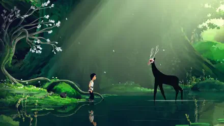 HD PC wallpaper from video game Planet of Lana II — minimalist gaming art: a child and antlered creature face each other in a luminous forest pond.