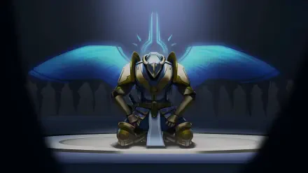 4K Ultra HD PC desktop wallpaper: ULTRAKILL video game angel warrior kneeling on a blade, glowing blue wings unfurled behind them in a dark, cathedral-like chamber.