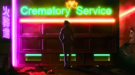 David from Cyberpunk: Edgerunners silhouetted beneath a neon Crematory Service sign in a rain-slick, neon anime city — 4K Ultra HD PC desktop wallpaper.