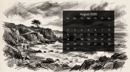 Monochrome sketch of a rugged coastline with cliffs, rocks, two figures and crashing waves, overlaid by an August 2026 calendar — 5K Ultra HD PC desktop wallpaper and background.