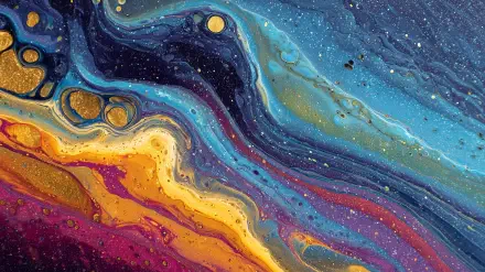 Aesthetic iridescent abstract fluid painting with swirling patterns in blues, golds and magenta — vibrant 2K Quad HD PC desktop wallpaper background.