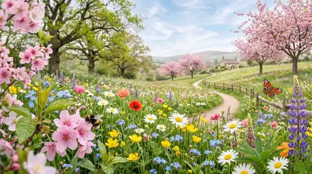 5K Ultra HD PC desktop wallpaper and background — spring aesthetic: sunlit meadow of cherry blossoms and wildflowers, winding country path, butterflies and a distant cottage under a blue sky.