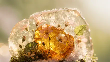 Spring aesthetic 4K Ultra HD PC desktop wallpaper and background: a golden glowing egg melting from ice, cradled by tiny blossoms, dew drops, moss and soft sunlit bokeh.