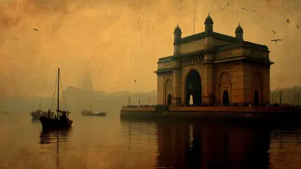 Sepia 2K Quad HD PC desktop wallpaper of the Gateway of India monument in Maharashtra, India, silhouetted at dawn with boats and birds on calm water.