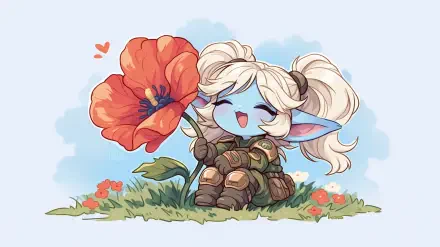 Kawaii chibi video game character Poppy from League of Legends sits smiling beside a giant poppy on grass — 2K Quad HD PC desktop wallpaper.
