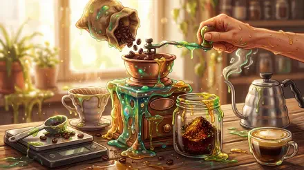Surreal coffee grinder dripping luminous green syrup over jars, cups and beans on a sunlit counter — 5K Ultra HD PC desktop wallpaper and background.