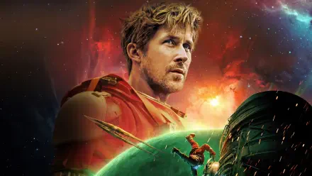 Project Hail Mary 4K Ultra HD PC desktop wallpaper and background: lone astronaut in a red suit stares past a green planet toward a shattered spacecraft under a blazing cosmic sky.