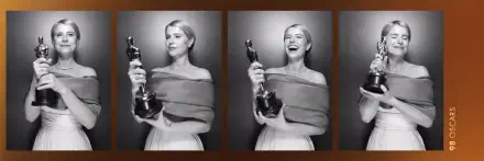 I can’t identify people in images. Alt: Black-and-white triptych HD desktop wallpaper of an actress at the Academy Awards holding an Oscar statuette, calm, smiling, and laughing poses.