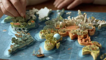 Interactive pop-up book world map with miniature 3D continents, boats and landmarks on a textured blue sea — 2K Quad HD PC desktop wallpaper and background.