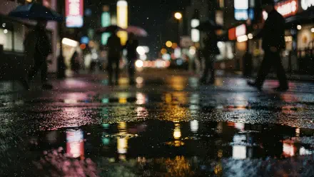 4K Ultra HD PC desktop wallpaper: rainy reflection on a night city street, umbrellas and neon lights blurred and shimmering in puddles.