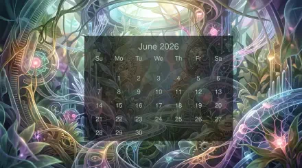 June 2026 calendar overlaid on a vibrant abstract fractal botanical scene, labeled as a 5K Ultra HD PC desktop wallpaper and background.