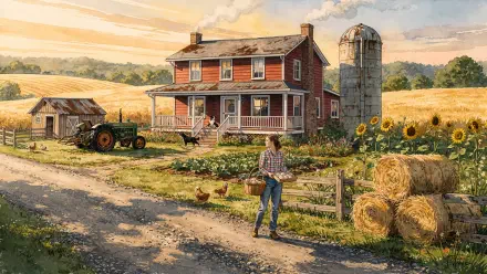 Sunlit farmhouse scene with tractor, silo, sunflowers and hay bales; farmer at gate; 4K Ultra HD PC desktop wallpaper and background.