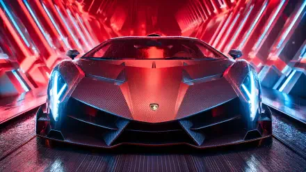 Front view of a red Lamborghini Veneno supercar under neon red and blue lights, dramatic shot — 2K Quad HD PC desktop wallpaper/background.
