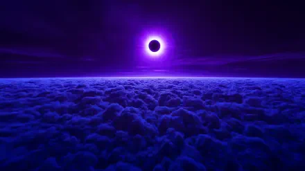Purple phonk dark-fantasy 2K Quad HD PC desktop wallpaper: a glowing violet solar eclipse hovers above an endless luminescent cloudscape.