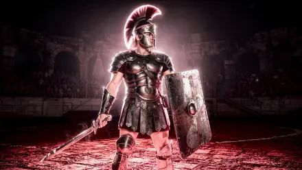 4K Ultra HD PC desktop wallpaper of a Roman gladiator in full armor, crested helmet, sword and shield standing in a glowing Colosseum arena.