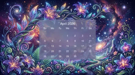 April 2026 calendar on a 5K Ultra HD PC desktop wallpaper and background, vibrant cosmic floral scene with swirling leaves, glowing flowers, stars, moon and a soft translucent calendar grid.