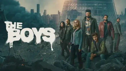 The Boys (2019) 4K Ultra HD PC desktop wallpaper: series cast standing amid rubble and smoke in a ruined city, the show's dripping white logo on the left.