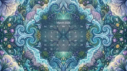 March 2026 calendar centered on an ornate blue-green floral mandala — 5K Ultra HD PC desktop wallpaper and background showing a translucent month grid with dates.