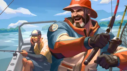 HD PC desktop wallpaper of Valorant's Brimstone and Tejo fishing from a boat, stylized coastal background, bold colors and cinematic composition.