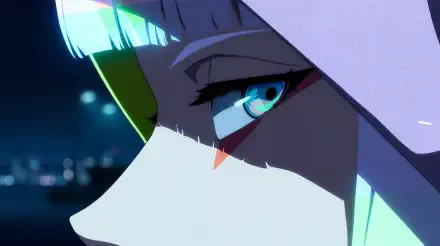 Lucy from Cyberpunk: Edgerunners — anime girl close-up of a neon-lit eye, intense stare-down; 5K Ultra HD PC desktop wallpaper/background.