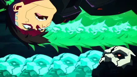 4K Ultra HD PC wallpaper — Cyberpunk: Edgerunners: David faces Adam Smasher amid neon Sandevistan bursts and a field of glowing green skulls, embodying duality