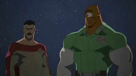 Invincible TV wallpaper: Omni-Man and Allen the Alien stand under a starry night, bold 4K Ultra HD PC desktop background.