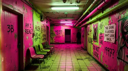 Weirdcore 5K Ultra HD PC Desktop Wallpaper and Background — neon pink and green underground corridor with pipes, empty chairs and graffiti reading Never exit and Am I real?.
