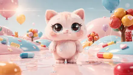 Cute and fluffy pink kitten with oversized sparkling eyes in a pastel candyland of balloons and candy hills — 4K Ultra HD PC desktop wallpaper and background.