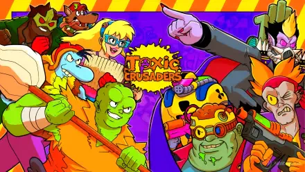 HD PC desktop wallpaper for the video game Toxic Crusaders: neon, comic-style mutant heroes and villains encircle the Toxic Crusaders logo on a vivid purple and orange background.