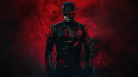 Daredevil: Born Again — brooding Daredevil in a black-red suit with DD emblem against a splattered crimson backdrop; 5K Ultra HD PC desktop wallpaper and background