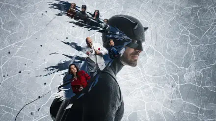 Daredevil: Born Again 5K Ultra HD PC desktop wallpaper — profile of Daredevil in a helmet against a shattered-glass backdrop with key characters trailing into the fractures.