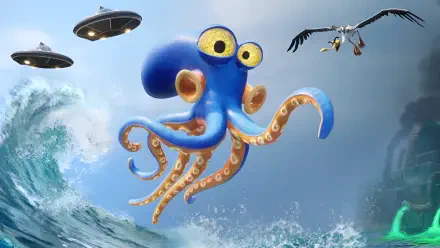 Darwin's Paradox! video game 4K Ultra HD PC wallpaper: cartoon blue octopus with big yellow eyes hovers above a churning sea while UFOs loom and gulls circle.