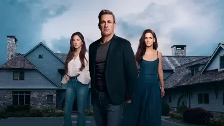 Three characters from the TV show Your Friends and Neighbors stand before a sprawling house under a moody sky — 2K Quad HD PC desktop wallpaper/background.