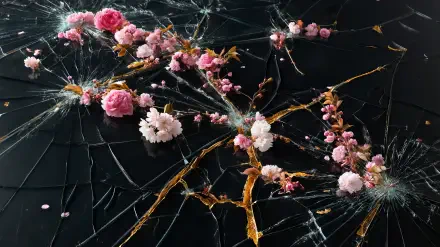 2K Quad HD PC desktop wallpaper: aesthetic composition of pink flowers on shattered glass, gold veins running through a broken-screen effect on a dark background.
