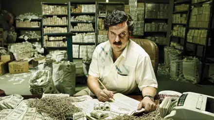 HD PC desktop wallpaper: stern mustached man at a desk amid stacks of cash and bundled packages in a dim warehouse, cinematic 1980s Colombian cartel aesthetic.