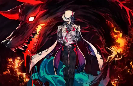 HD PC desktop wallpaper of Ashveil (Honkai: Star Rail) from the video game: a masked, pale figure in a dark coat stands before a roaring, fiery wolf spirit amid swirling teal and crimson energy.