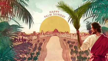 2K Quad HD PC wallpaper: religious Palm Sunday scene — Jesus holding a palm branch, overlooking Jerusalem at sunrise with Happy Palm Sunday above the city.